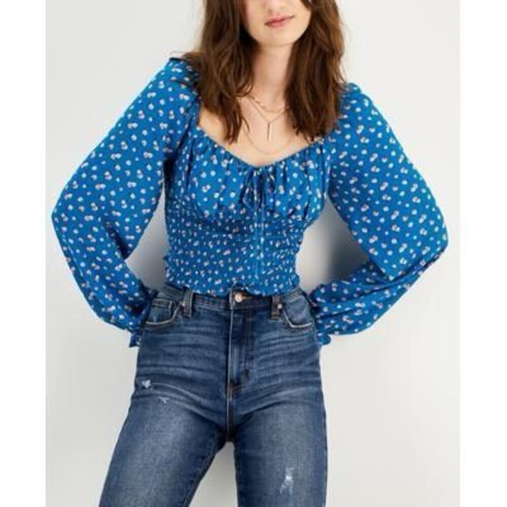 Kingston Grey Womens Juniors Smocked Blouson-Sleeve‎ Tie-Neck Top Blue X-Large